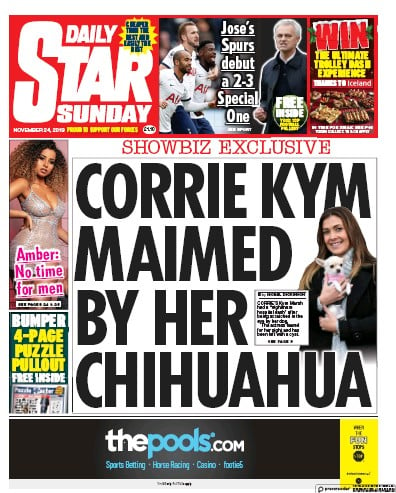 Daily Star Sunday Newspaper Front Page (UK) for 24 November 2019