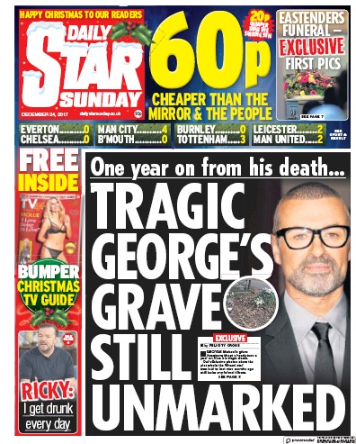 Daily Star Sunday Newspaper Front Page (UK) for 24 December 2017