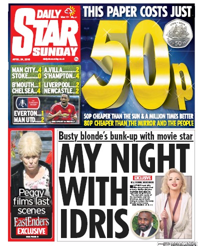 Daily Star Sunday Newspaper Front Page (UK) for 24 April 2016