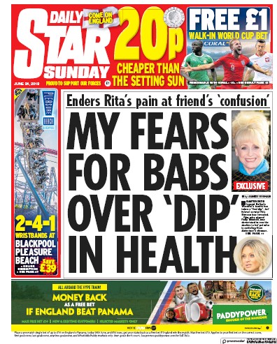 Daily Star Sunday Newspaper Front Page (UK) for 24 June 2018