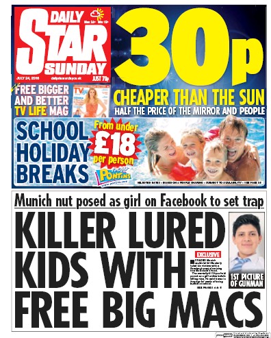 Daily Star Sunday Newspaper Front Page (UK) for 24 July 2016