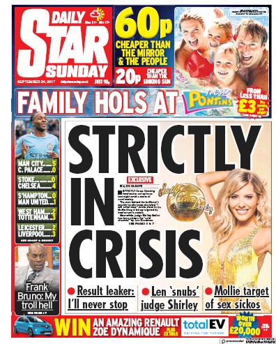 Daily Star Sunday Newspaper Front Page (UK) for 24 September 2017