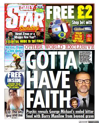 Daily Star Sunday Newspaper Front Page (UK) for 25 December 2022