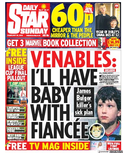 Daily Star Sunday Newspaper Front Page (UK) for 25 February 2018
