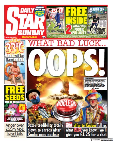 Daily Star Sunday Newspaper Front Page (UK) for 25 April 2021