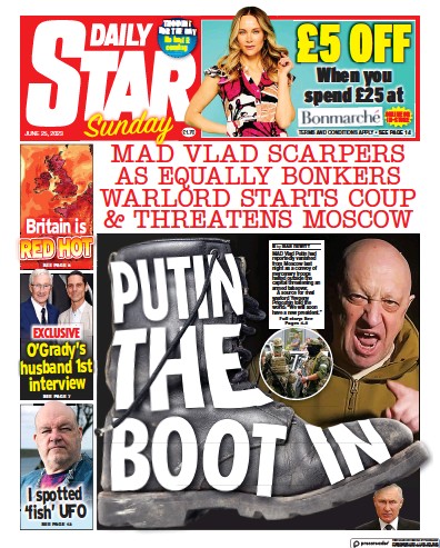 Daily Star Sunday Newspaper Front Page (UK) for 25 June 2023