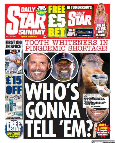 Daily Star Sunday Newspaper Front Page (UK) for 25 July 2021