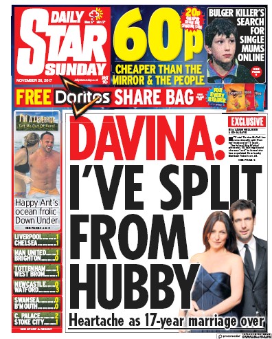 Daily Star Sunday Newspaper Front Page (UK) for 26 November 2017