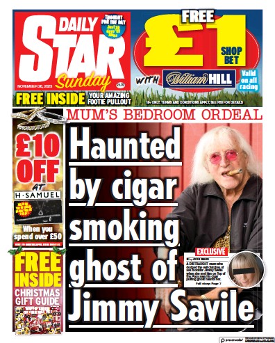 Daily Star Sunday Newspaper Front Page (UK) for 26 November 2023