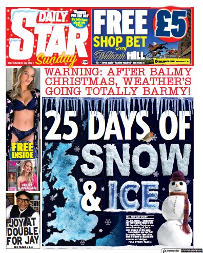 Daily Star Sunday Newspaper Front Page (UK) for 26 December 2021