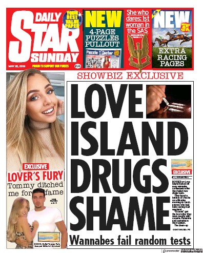 Daily Star Sunday Newspaper Front Page (UK) for 26 May 2019