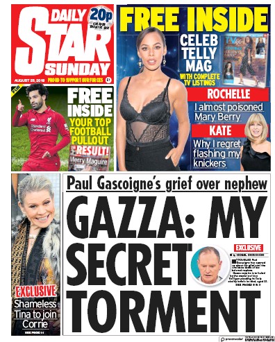 Daily Star Sunday Newspaper Front Page (UK) for 26 August 2018