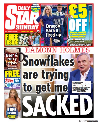 Daily Star Sunday Newspaper Front Page (UK) for 26 September 2021