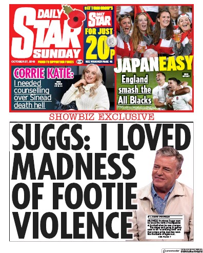 Daily Star Sunday Newspaper Front Page (UK) for 27 October 2019