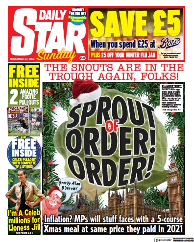 Daily Star Sunday Newspaper Front Page (UK) for 27 November 2022