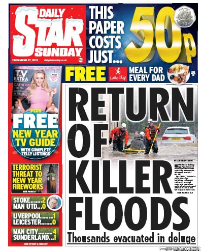 Daily Star Sunday Newspaper Front Page (UK) for 27 December 2015