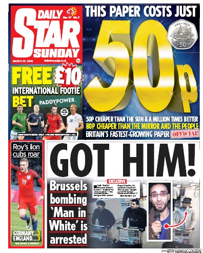 Daily Star Sunday Newspaper Front Page (UK) for 27 March 2016