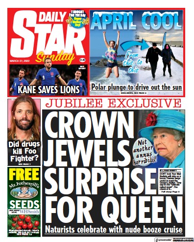Daily Star Sunday Newspaper Front Page (UK) for 27 March 2022