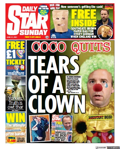Daily Star Sunday Newspaper Front Page (UK) for 27 June 2021