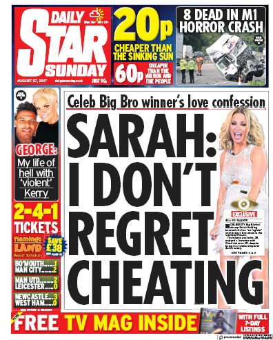 Daily Star Sunday Newspaper Front Page (UK) for 27 August 2017