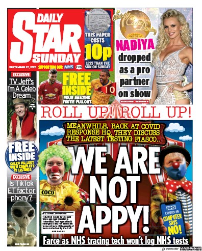 Daily Star Sunday Newspaper Front Page (UK) for 27 September 2020