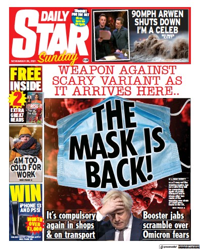Daily Star Sunday Newspaper Front Page (UK) for 28 November 2021