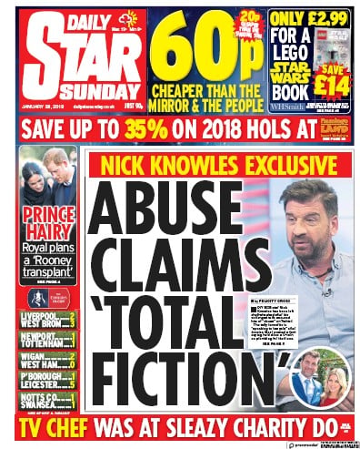 Daily Star Sunday Newspaper Front Page (UK) for 28 January 2018
