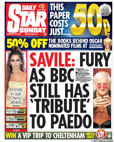 Daily Star Sunday Newspaper Front Page (UK) for 28 February 2016