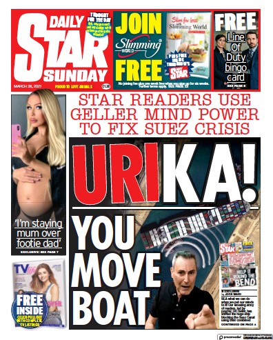 Daily Star Sunday Newspaper Front Page (UK) for 28 March 2021