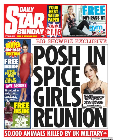 Daily Star Sunday Newspaper Front Page (UK) for 28 April 2019