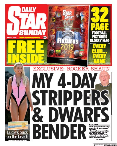 Daily Star Sunday Newspaper Front Page (UK) for 28 July 2019
