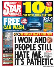 Daily Star Sunday (UK) Newspaper Front Page for 28 August 2016
