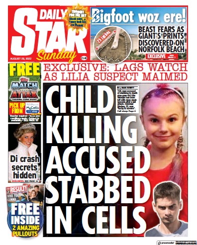 Daily Star Sunday Newspaper Front Page (UK) for 28 August 2022
