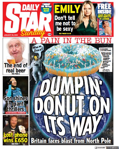 Daily Star Sunday Newspaper Front Page (UK) for 29 January 2023
