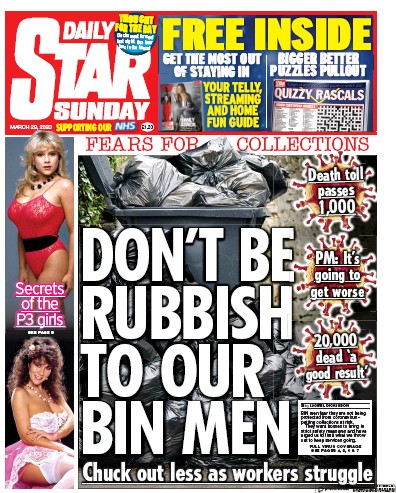 Daily Star Sunday Newspaper Front Page (UK) for 29 March 2020