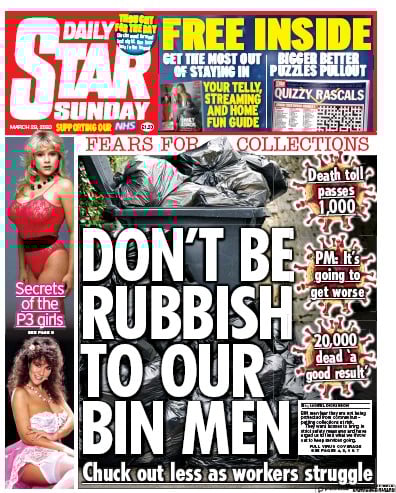 Daily Star Sunday Newspaper Front Page (UK) for 29 March 2020