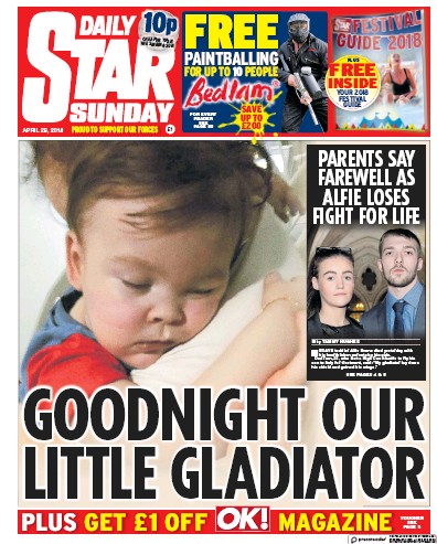 Daily Star Sunday Newspaper Front Page (UK) for 29 April 2018