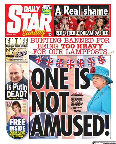 Daily Star Sunday Newspaper Front Page (UK) for 29 May 2022