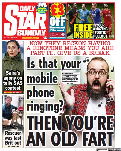 Daily Star Sunday Newspaper Front Page (UK) for 29 August 2021