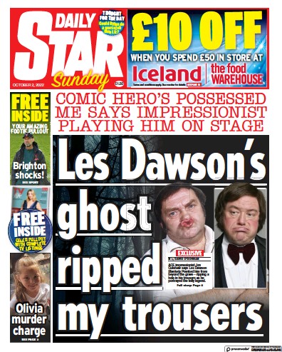 Daily Star Sunday Newspaper Front Page (UK) for 2 October 2022