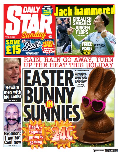 Daily Star Sunday Newspaper Front Page (UK) for 2 April 2023