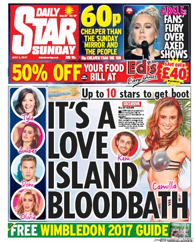 Daily Star Sunday Newspaper Front Page (UK) for 2 July 2017