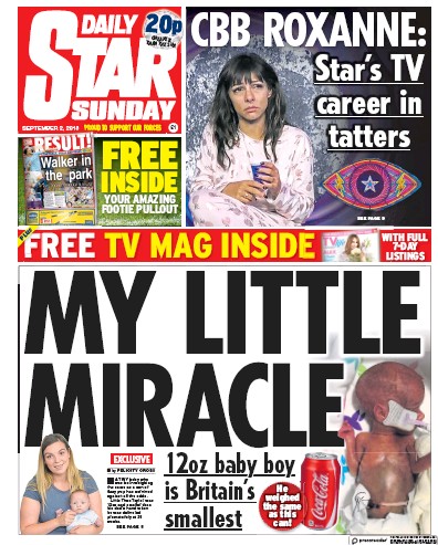 Daily Star Sunday Newspaper Front Page (UK) for 2 September 2018
