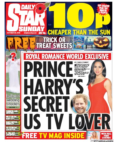 Daily Star Sunday Newspaper Front Page (UK) for 30 October 2016