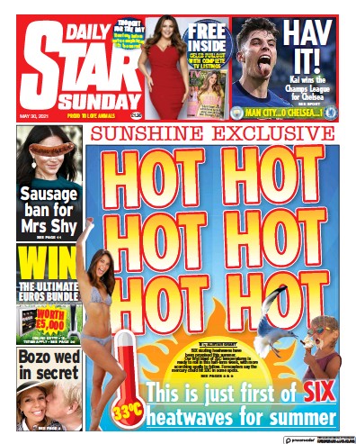 Daily Star Sunday Newspaper Front Page (UK) for 30 May 2021