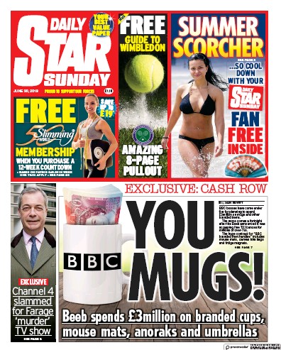 Daily Star Sunday Newspaper Front Page (UK) for 30 June 2019