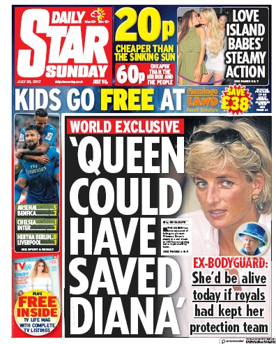 Daily Star Sunday Newspaper Front Page (UK) for 30 July 2017