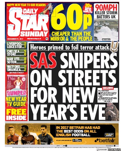 Daily Star Sunday Newspaper Front Page (UK) for 31 December 2017