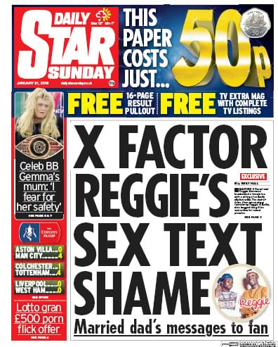 Daily Star Sunday Newspaper Front Page (UK) for 31 January 2016