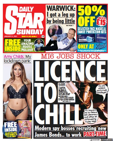 Daily Star Sunday Newspaper Front Page (UK) for 31 January 2021
